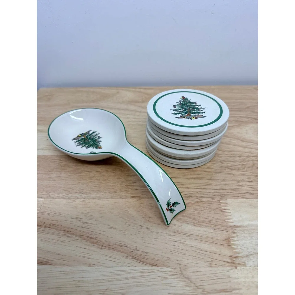 Spode Christmas Tree Spoon Rest/ 8 Cork Backed Coasters Set Holiday Kitchen #68